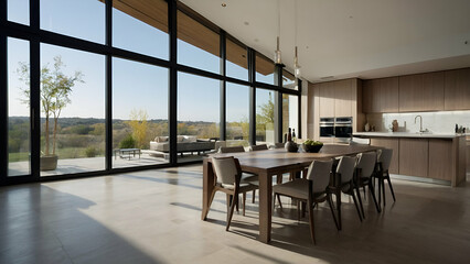 Fototapeta premium A stylish spacious kitchen and living room with modern minimalist design