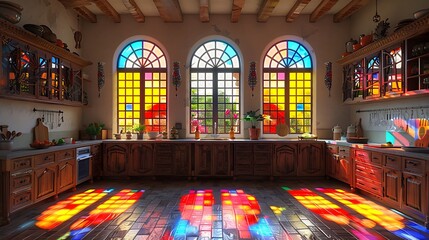 A boho kitchen at dusk, with soft light filtering through colorful stained glass windows, casting colorful patterns on a distressed wood floor.