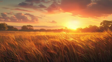 As the sun sets over the wheat fields in the rural countryside envision a tranquil and unplugged scene basking in the warm summer sunlight - Powered by Adobe