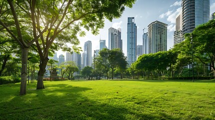 Obraz premium Public park and highrise buildings cityscape in metropolis city center Green environment city and downtown business district in panoramic view : Generative AI