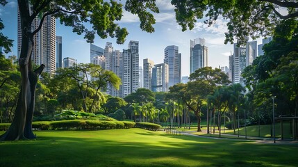 Public park and highrise buildings cityscape in metropolis city center  Green environment city and downtown business district in panoramic view : Generative AI