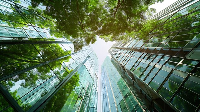 Ecofriendly building in the modern city Sustainable glass office building with trees for reducing heat and carbon dioxide Office building with green environment Corporate building redu : Generative AI