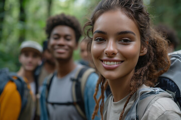 A group of diverse friends hiking in the woods.