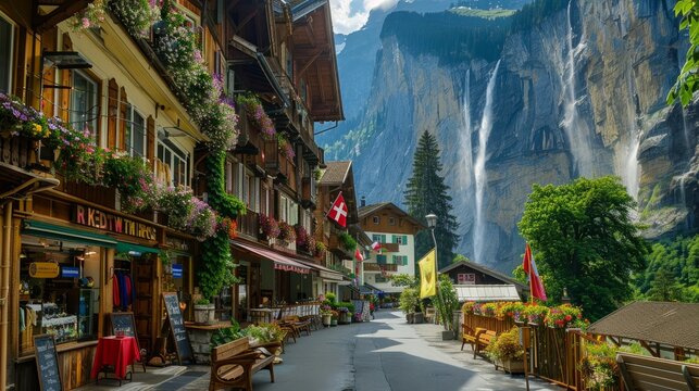Spectacular principal street of Lauterbrunnen with shops,hotels,terraces,swiss flags and stunning Staubbach waterfall in background,Bernese Oberland,Switzerland,Europe --ar 16:9 Job ID: c3d236de-e785-
