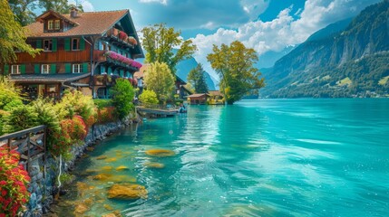 Stunning idylic nature scenery of lake Brienz with turquoise waters. Switzerland, Bern canton. Iseltwald village surrounded turquoise waters --ar 16:9 Job ID: 54a2e868-73c0-42b0-a094-b1e01ac076bb