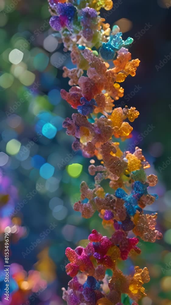 Poster vibrant close-up of colorful, translucent dna models with sparkling light reflections, illustrating 