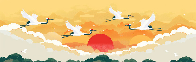 A group of white cranes fly in the sky, with red suns and green trees below them