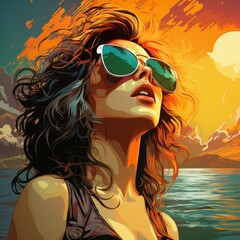 Summer Sunset Serenity: Woman in Sunglasses Contemplating by the Water