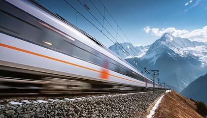 A high-speed train moving through a mountain pass, snowy peaks in the distance