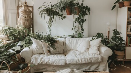Great as Interior Furniture Design Inspiration Minimal Modern Elegant Neutral Cozy White Scandinavian Living Room with Sofa and Plants Soft Earthy Colors