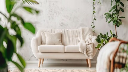 Naklejka premium Great as Interior Furniture Design Inspiration Minimal Modern Elegant Neutral Cozy White Scandinavian Living Room with Sofa and Plants Soft Earthy Colors