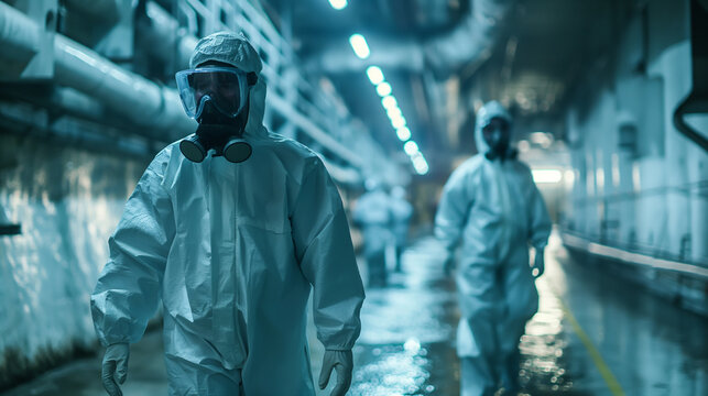 Two people in hazmat suits walk through a dark tunnel.