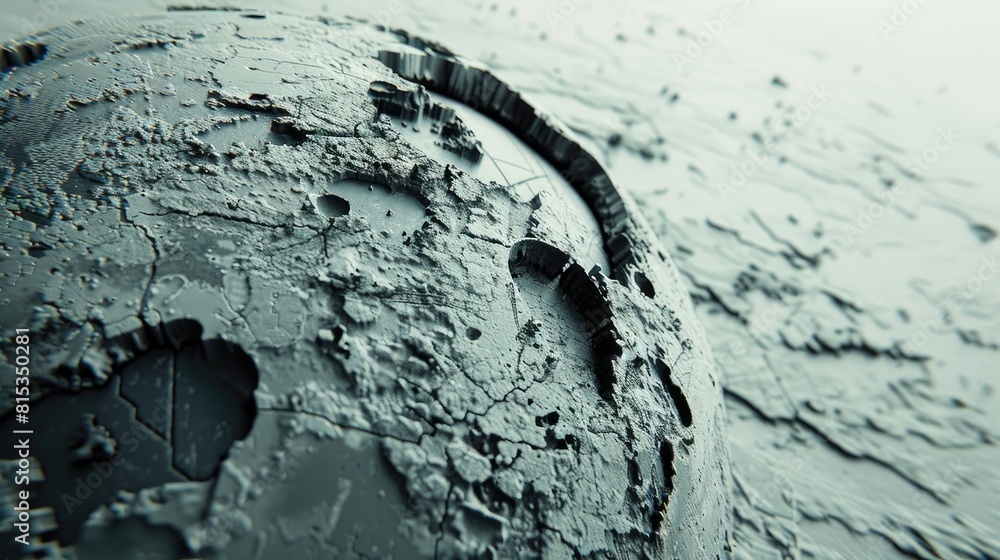 Poster a dynamic 3d rendering of a stylized monochromatic earth with circular black craters and a weathered