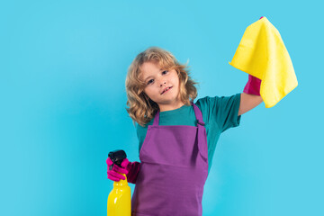 Kid helping with housework, cleaning. Child use duster and gloves for cleaning. Funny child mopping house. Cleaning accessory, cleaning supplies.