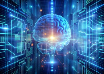Digital technologies of the future. Artificial intelligence. The brain and digital codes on a virtual screen. The image was created using artificial intelligence.