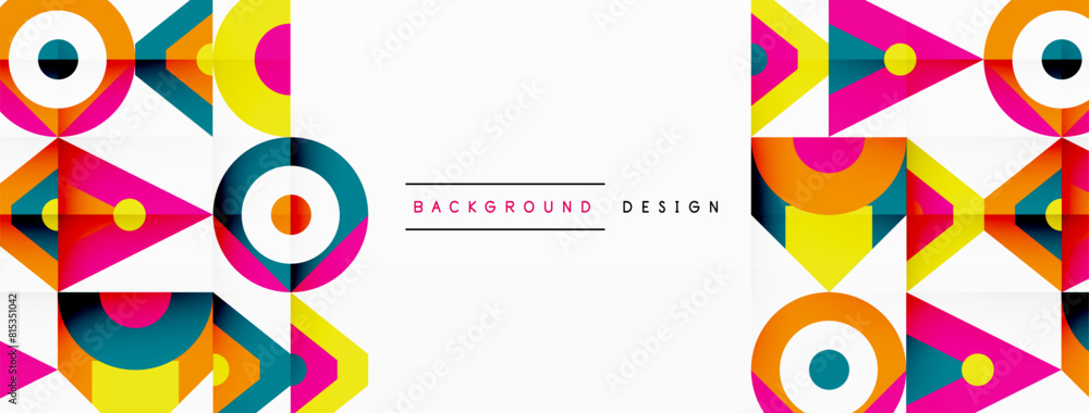 Poster a vibrant geometric design featuring circles and triangles in magenta and bold colors, creating a sy