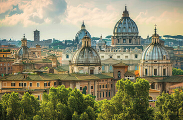 A panoramic view of Rome's skyline, showcasing the iconic domes and historical architecture that...