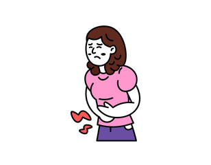 an illustration of a woman with a stomach ache. feel pain in the stomach. holding stomach. suffering from digestive disorders. Symptoms of ulcers and GERD. outline style illustration design.