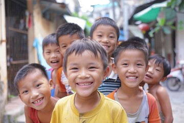 Group of happy Asian children smiling and looking at camera in the street