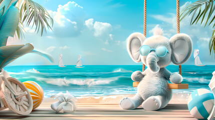 A charming CG image portraying a cartoon elephant, donning sunglasses, on a swing by the beach, embodying playful aesthetics