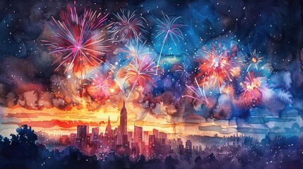 A night city panorama featuring a skyline illuminated by spectacular fireworks and the serene beauty of falling stars