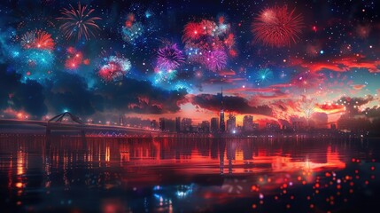 Fototapeta premium A night city panorama featuring a modern skyline, fireworks lighting up the sky, and a beautifully lit bridge enhancing the scene