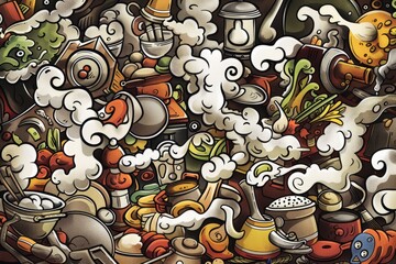 Cartoon cute doodles of a bustling kitchen filled with pots, pans, and utensils, as chefs create culinary masterpieces amidst clouds of, Generative AI