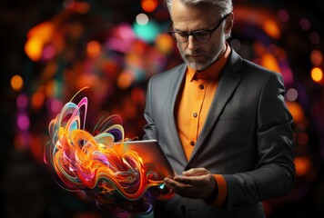 Modern Businessman with Digital Tablet and Abstract Patterns