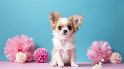 Small Puppy Chihuahua with Blue and Pink Background, Adorable Tricolor Chihuahua