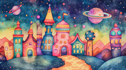 Watercolor illustration of a fantasy alien city with bright colored houses and a starry sky.