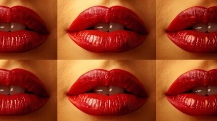 Obraz premium Many red lips again in yellow background pattern, wallpaper with copy space, luxury brand advertising