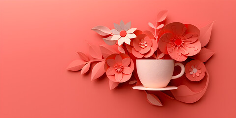 Coffee or tea composition with cup, leaves and flowers in paper cut style. Pastel red background with place for text. Paper crafts, quilling. Autumn hot drink concept for cafe, business card, menu pag