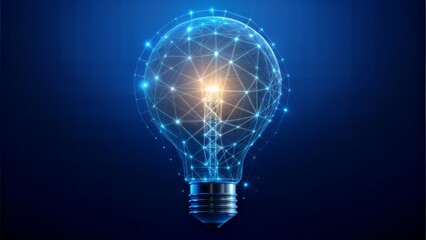 Electric light bulb bright polygonal connections on a dark blue background. Technology concept innovation artificial intelligence brainstorming business success