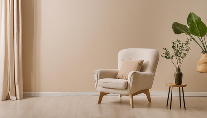 Modern minimalist interior with an armchair on empty cream color wall background.
