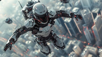 Naklejka premium Agile Cyborg Ninja Descends from Hovering Transport in Dystopian Urban Landscape