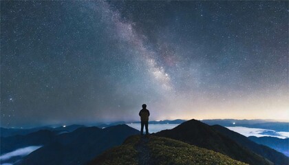 夜空　星空　星座　天の川　少年　シルエット　山　風景　イメージ　3dcg　イラスト素材
