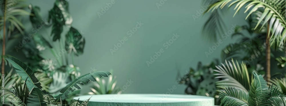 Poster 3d rendering of podium with tropical leaves and plants in green color background. minimal scene for 