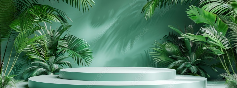 Poster 3d rendering of podium with tropical leaves and plants in green color background. minimal scene for 