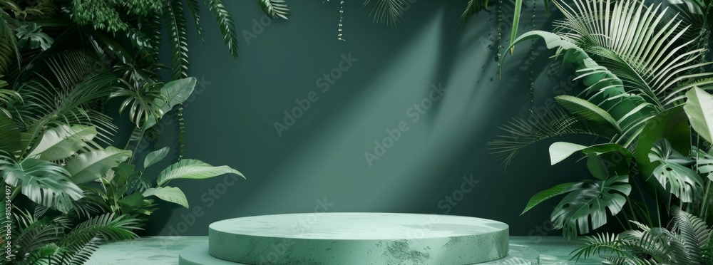 Poster 3d rendering of podium with tropical leaves and plants in green color background. minimal scene for 