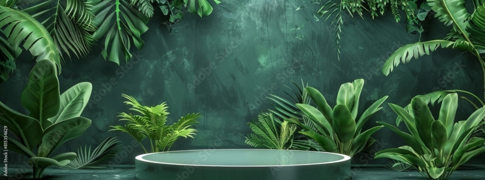 Poster 3d rendering of podium with tropical leaves and plants in green color background. minimal scene for 