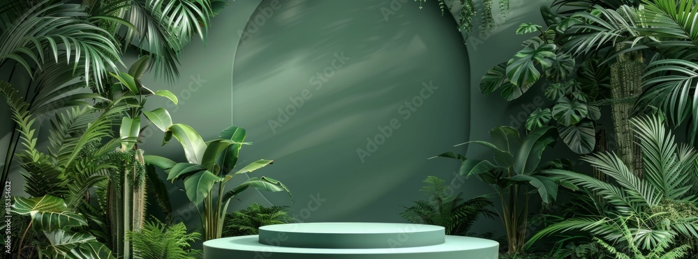 Wall mural 3d rendering of podium with tropical leaves and plants in green color background. Minimal scene for product display presentation design