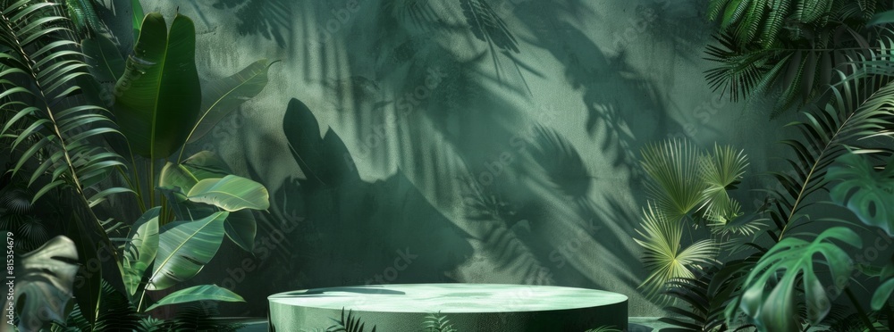 Poster 3d rendering of podium with tropical leaves and plants in green color background. minimal scene for 
