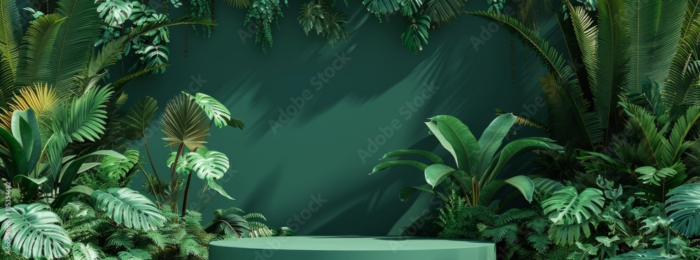 Poster 3d rendering of podium with tropical leaves and plants in green color background. minimal scene for 