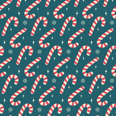 Candy Canes Snowflakes Decorative Stars Seamless pattern on Dark Background Christmas greeting idea