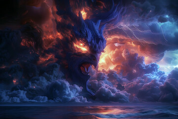 Fototapeta premium Awe-Inspiring Ominous Dragon-Like Cloud Formation Dominates Dramatic Stormy Skyscape with Vivid Lightning Over Serene Mirroring Ocean