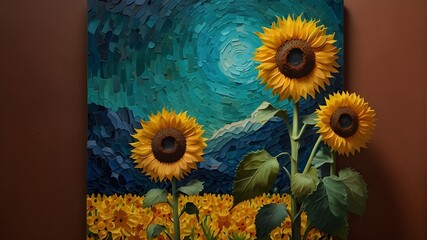 "Step into a world of vibrant colors and dynamic textures with a sunflower rendered in the unmistakable style of Van Gogh, capturing the flower's lively and spirited nature."
