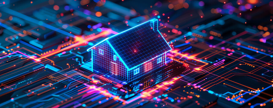 A home energy system using IoT to optimize electricity usage, top view Energy smart home in a digital binary tone with a Colored Pastel scheme.