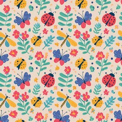 a playful pattern of various insects, such as ladybugs, bees, and dragonflies