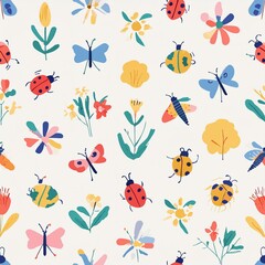 Naklejka premium a playful pattern of various insects, such as ladybugs, bees, and dragonflies