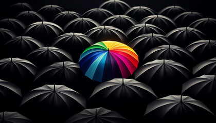 A single rainbow-colored umbrella standing out in a sea of pitch black umbrellas